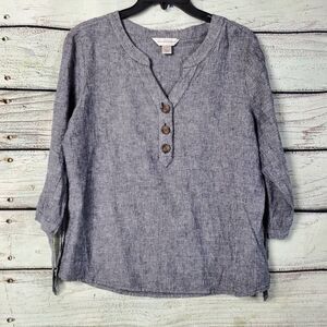 Christopher & Banks Linen Blend Henley Top Medium Blue Chambray 3/4 Sleeve Butto